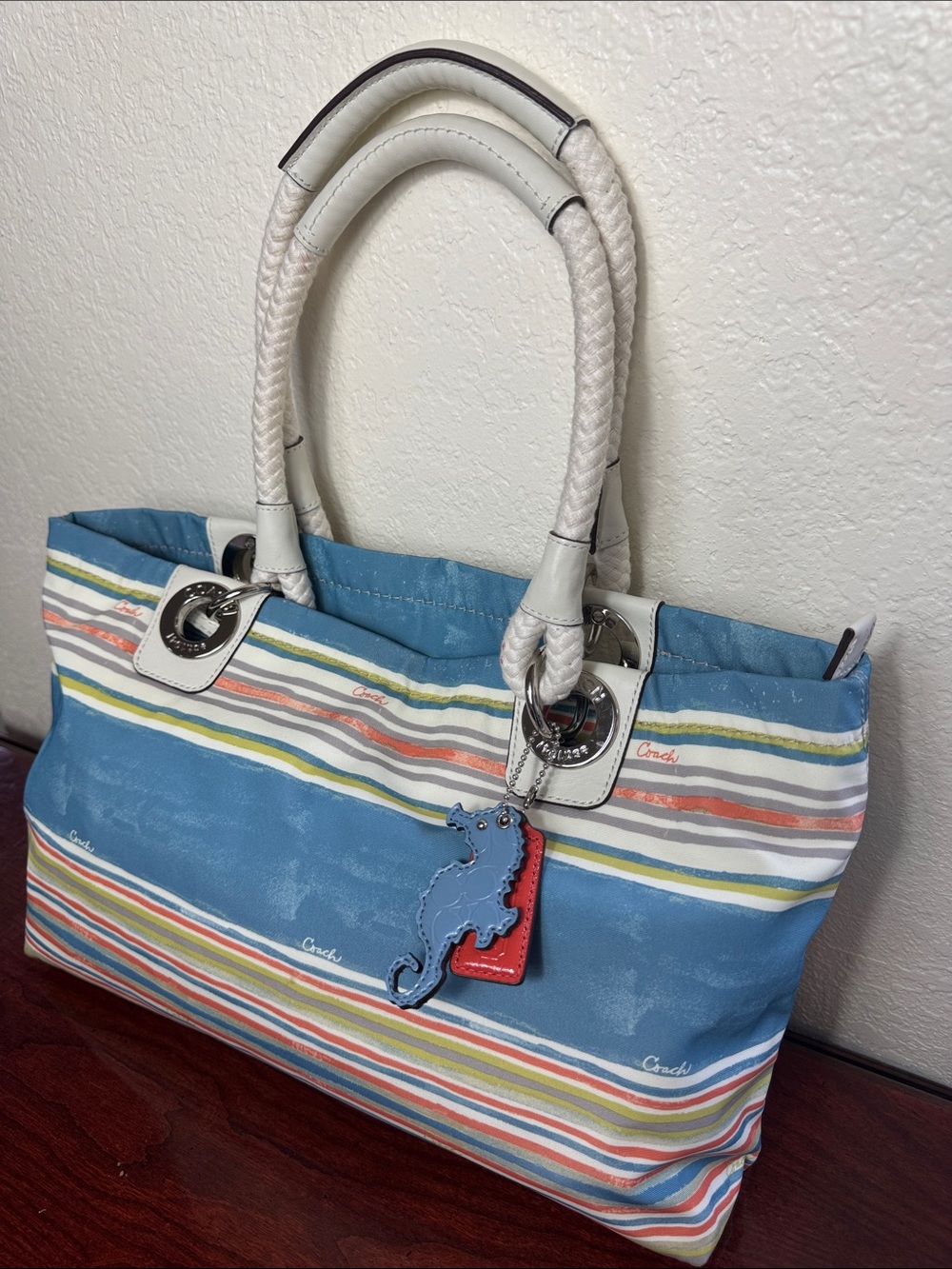 Coach Marin Stripe Canvas Tote with White Rope/ Leather Handles.